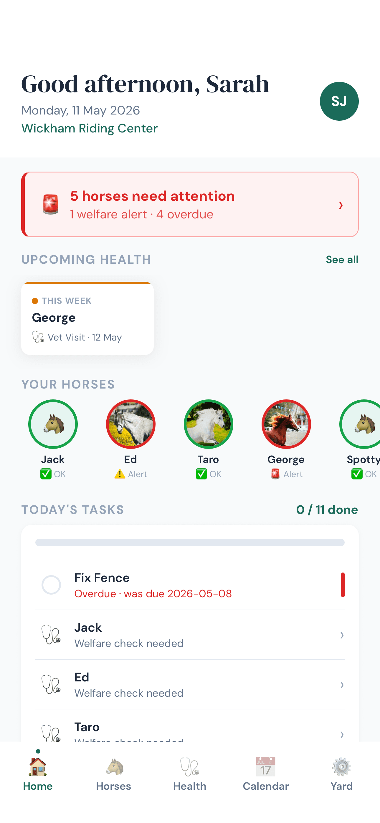 Alivio home dashboard showing horses needing attention and today's tasks
