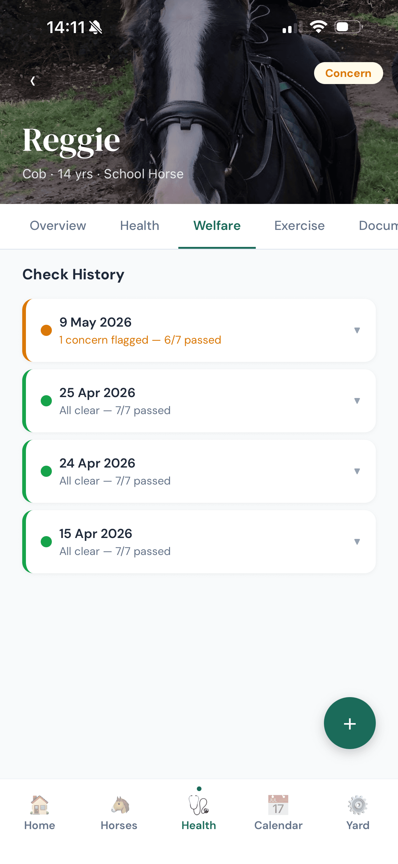 Welfare check history for a horse showing entries with concerns flagged and all-clear states
